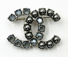Chanel Gunmetal CC Grey Pearl Grey Crystal Brooch