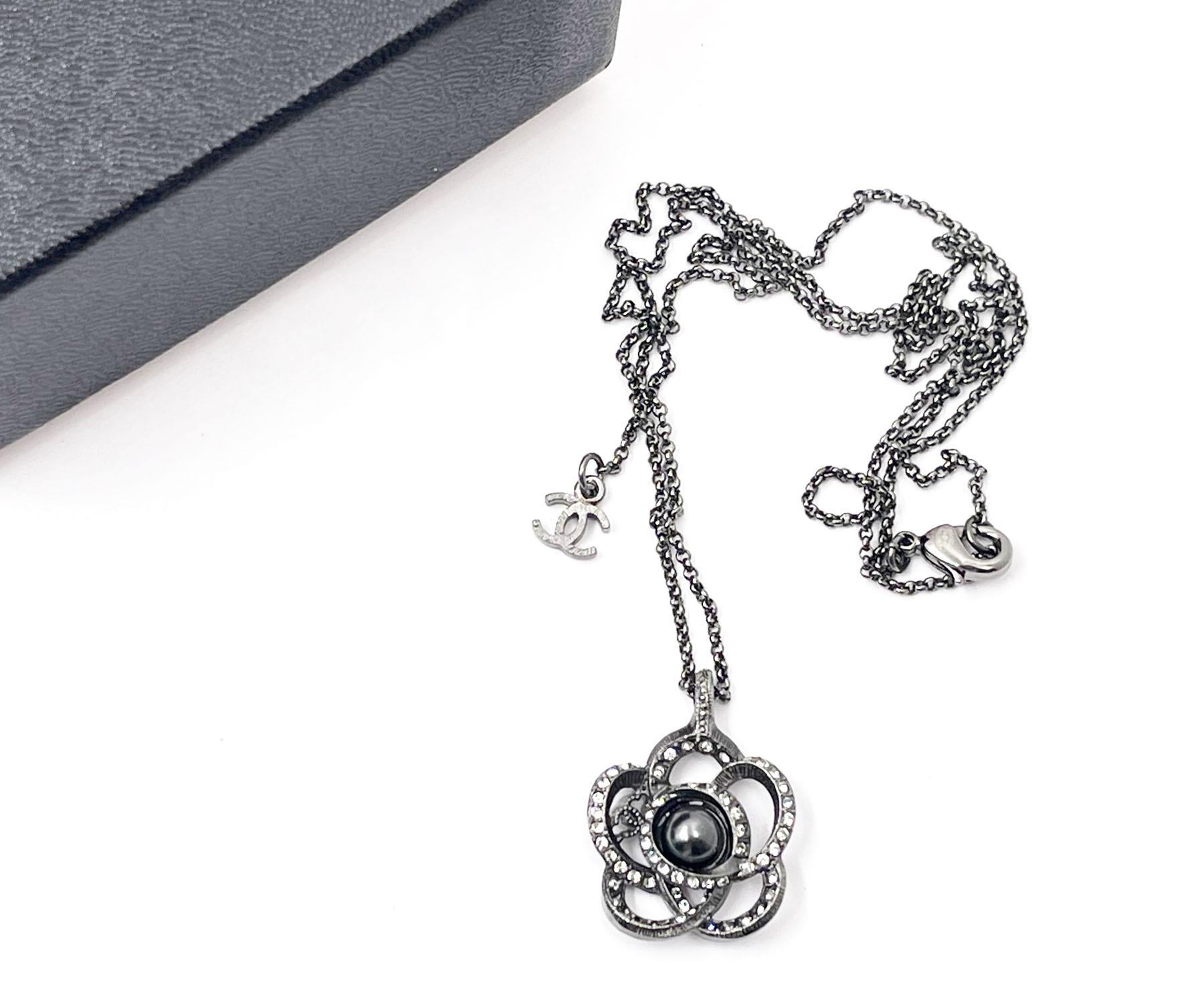 Artisan Chanel Gunmetal CC Open Camellia Pearl Necklace