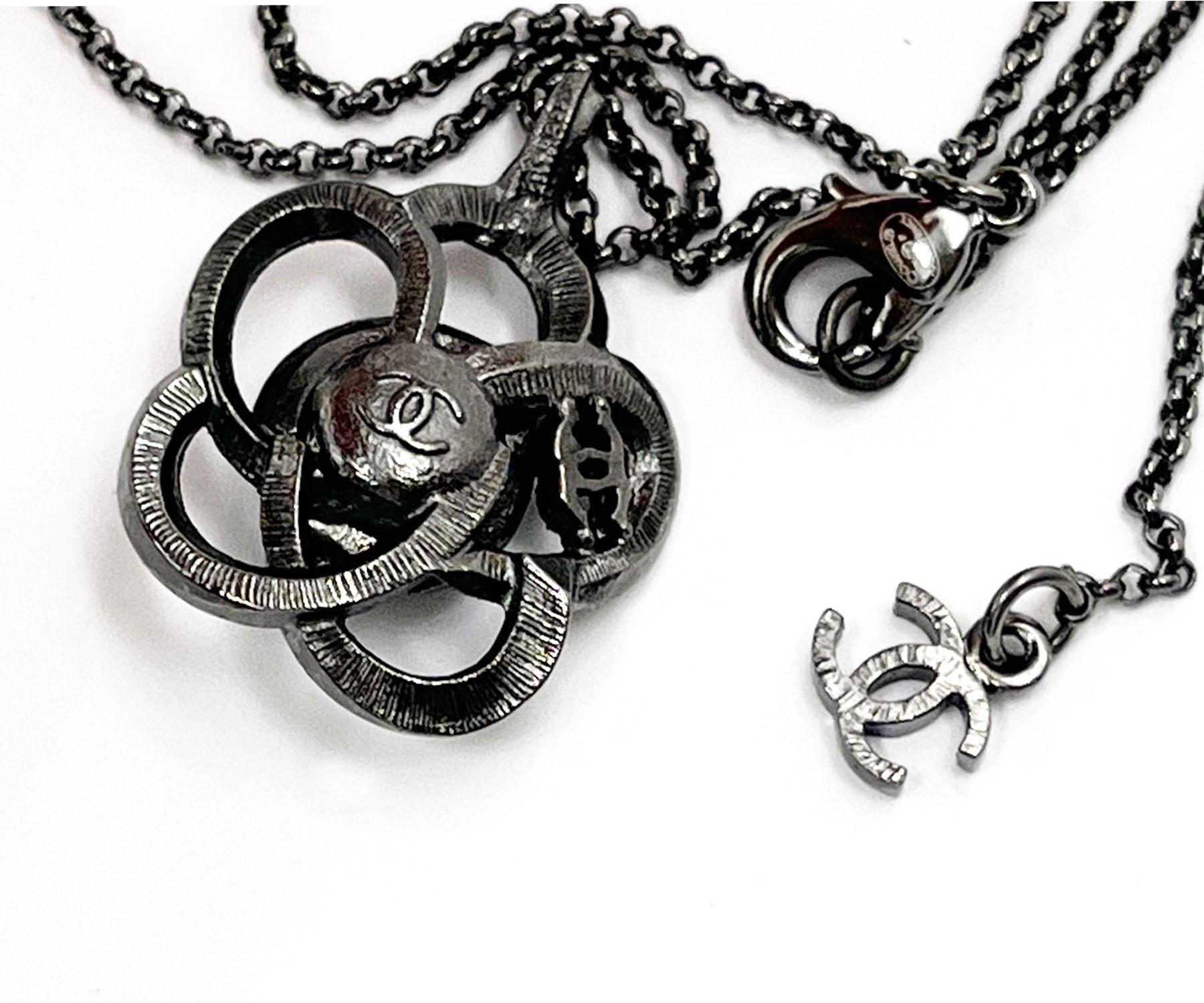 Women's Chanel Gunmetal CC Open Camellia Pearl Necklace