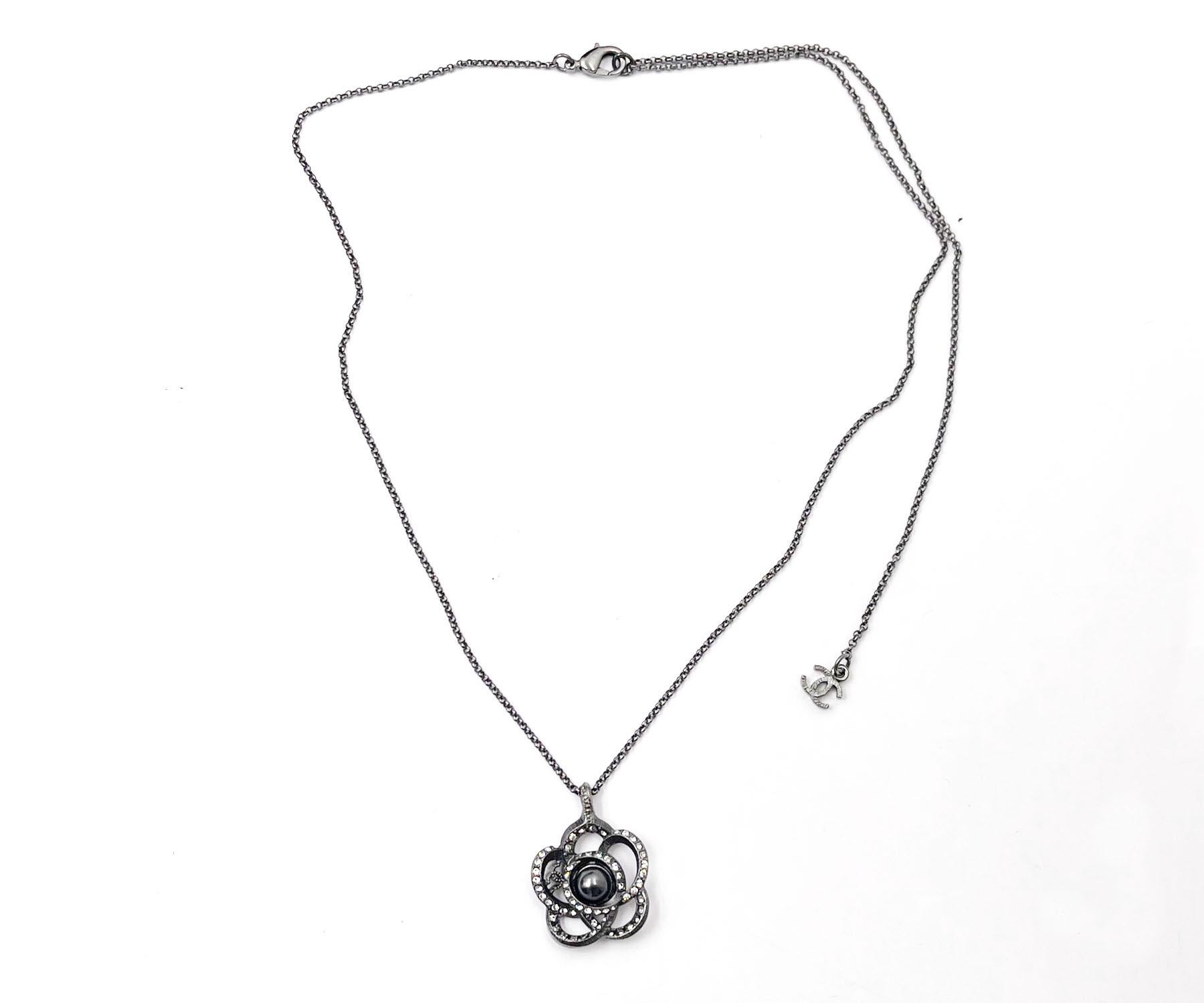 Chanel Gunmetal CC Open Camellia Pearl Necklace