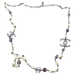 Chanel Gunmetal CC Peach Grey Square Crystal Pearl Necklace 