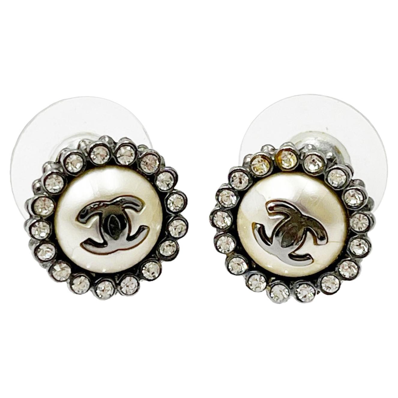Chanel Gunmetal CC Round Crystal Small Piercing Earrings   For Sale