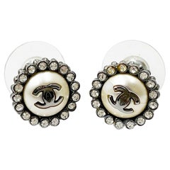 Chanel Gunmetal CC Round Crystal Small Piercing Earrings  