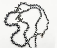 Chanel Gunmetal CC Scatter Pearl Gray Pearl Long Necklace 100 Year Anniversary