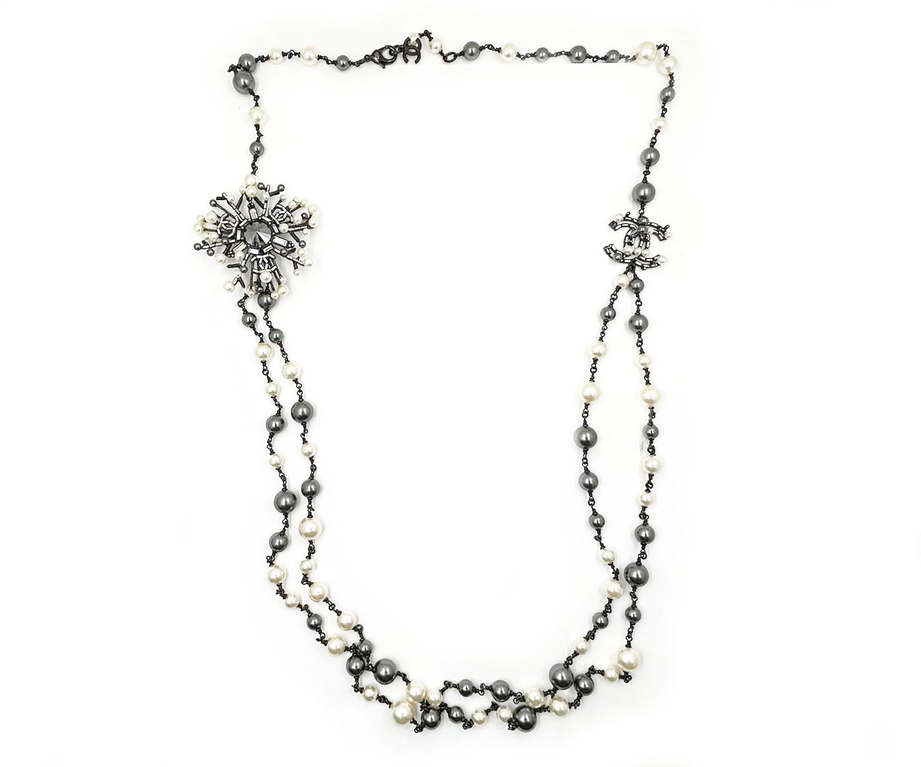 Chanel Gunmetal CC Snowflake Baguette Crystal 2 Strand Pearl Long Necklace

* Marked 10
* Made in Italy
* Comes with the original Chanel dustbag

-It is approximately 46