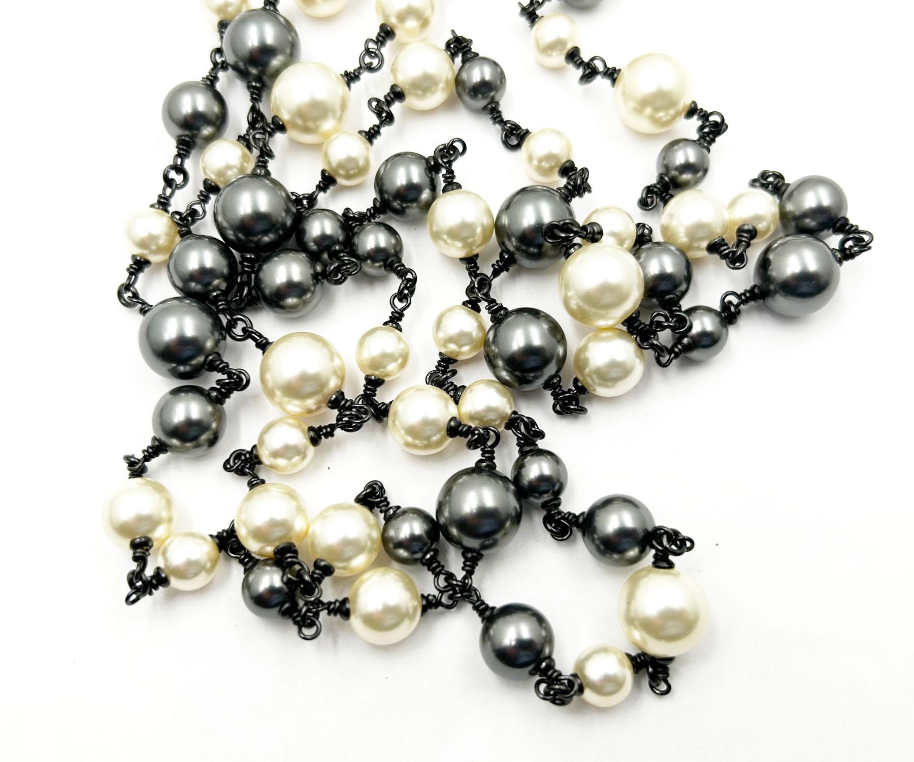 Artisan Chanel Gunmetal CC Snowflake Baguette Crystal 2 Strand Pearl Long Necklace  For Sale