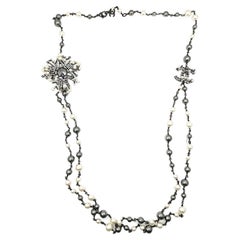 Chanel Gunmetal CC Snowflake Baguette Crystal 2 Strand Pearl Long Necklace 