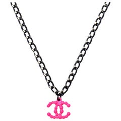 Chanel Gunmetal Chainlink 16" Necklace w/ Neon Pink CC