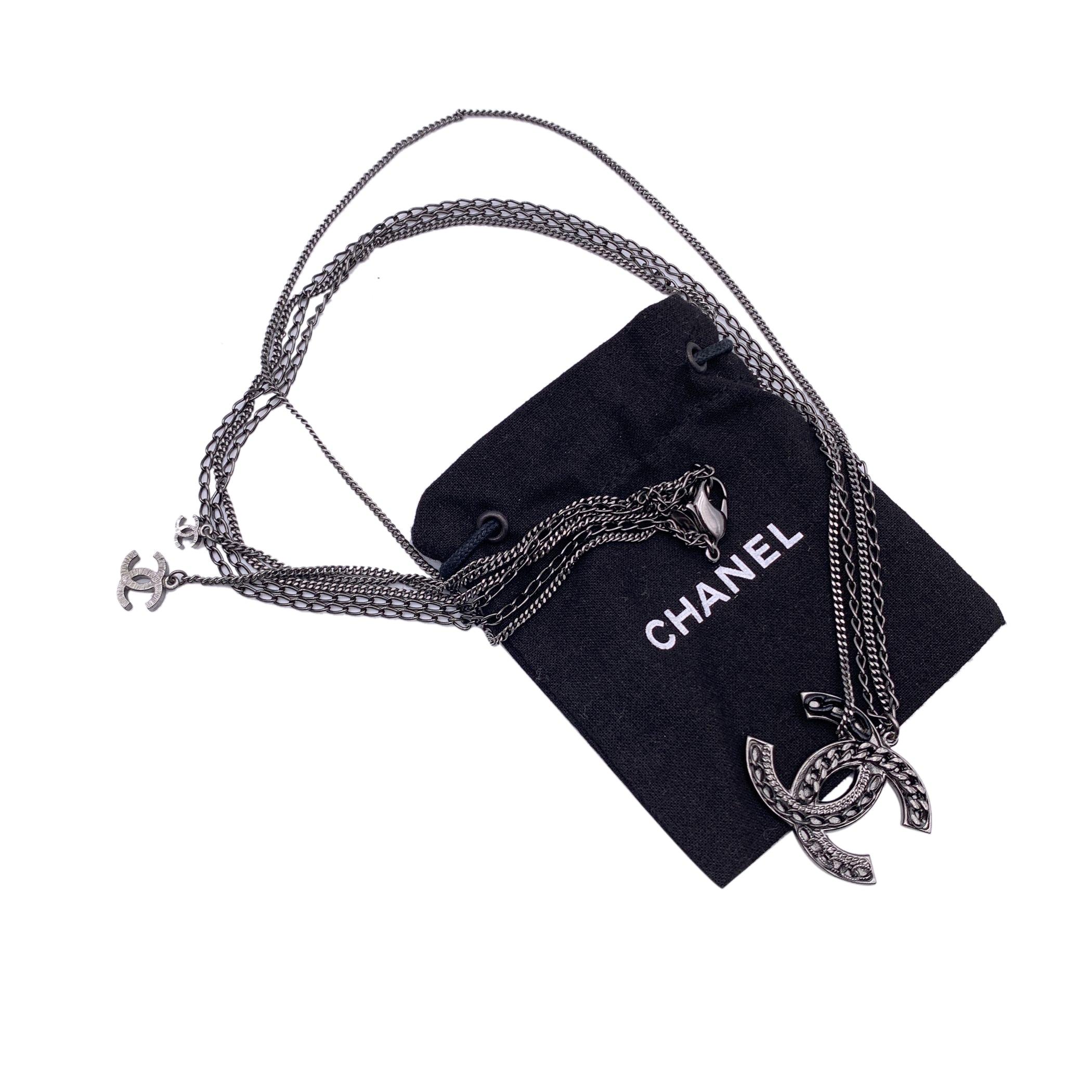 Black Chanel Gunmetal Double Chain CC Logo Pendant Necklace