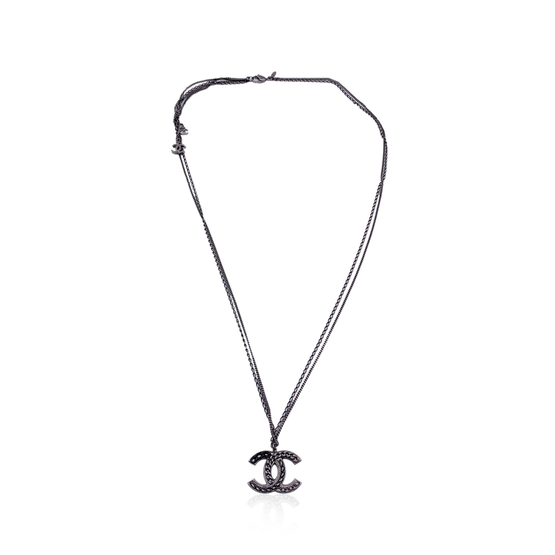 Chanel Gunmetal Double Chain CC Logo Pendant Necklace In Excellent Condition In Rome, Rome