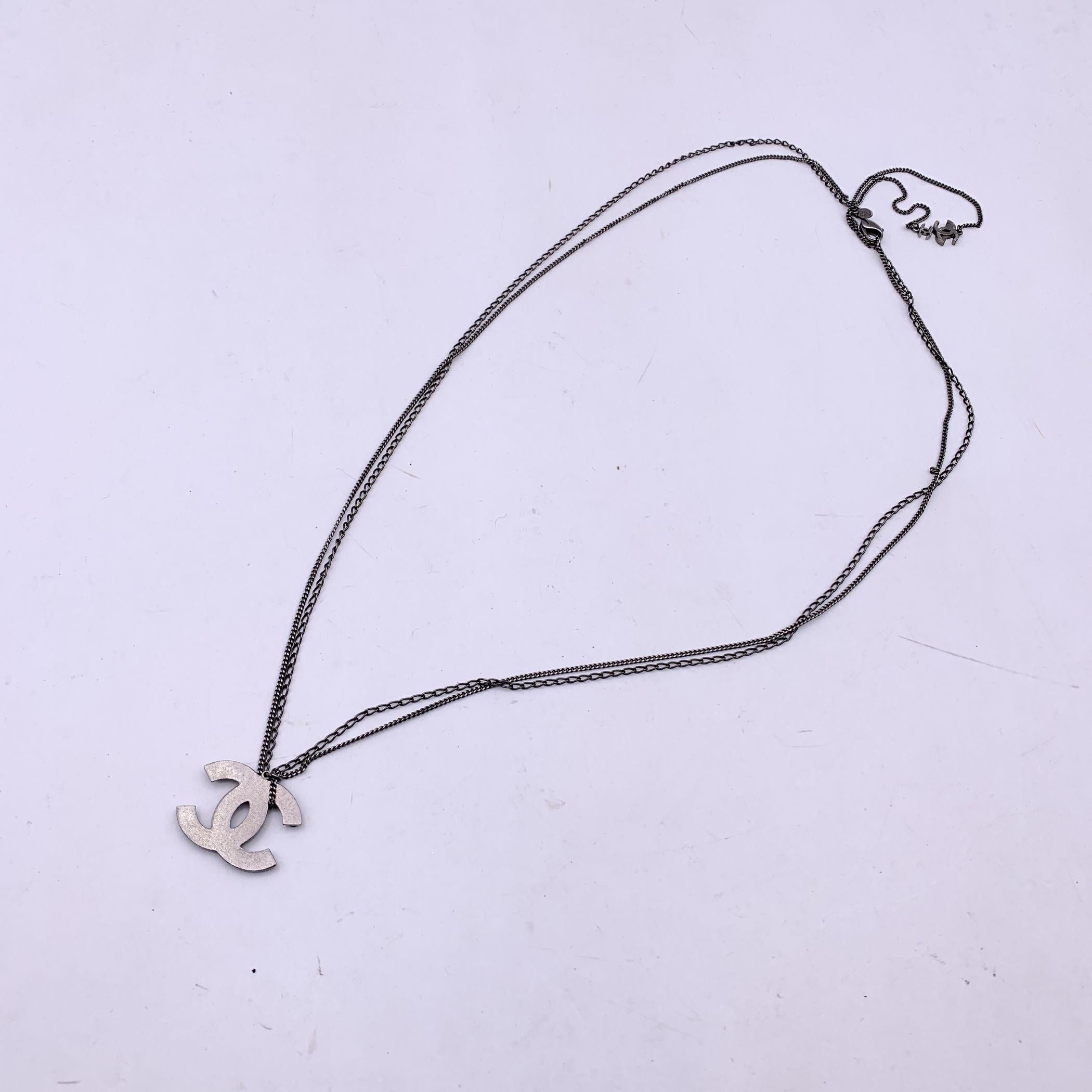 Chanel Gunmetal Double Chain CC Logo Pendant Necklace 1