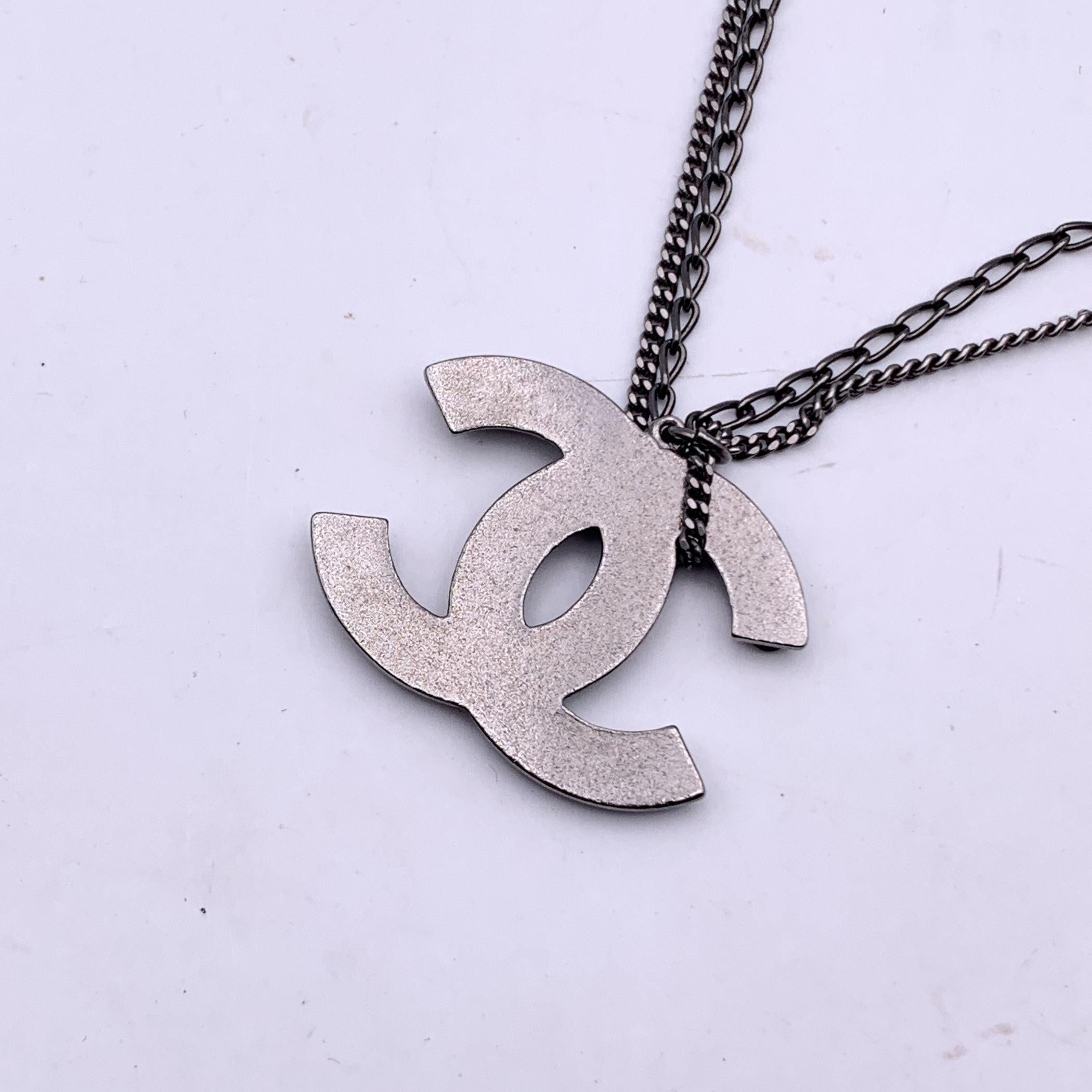 Chanel Gunmetal Double Chain CC Logo Pendant Necklace 2
