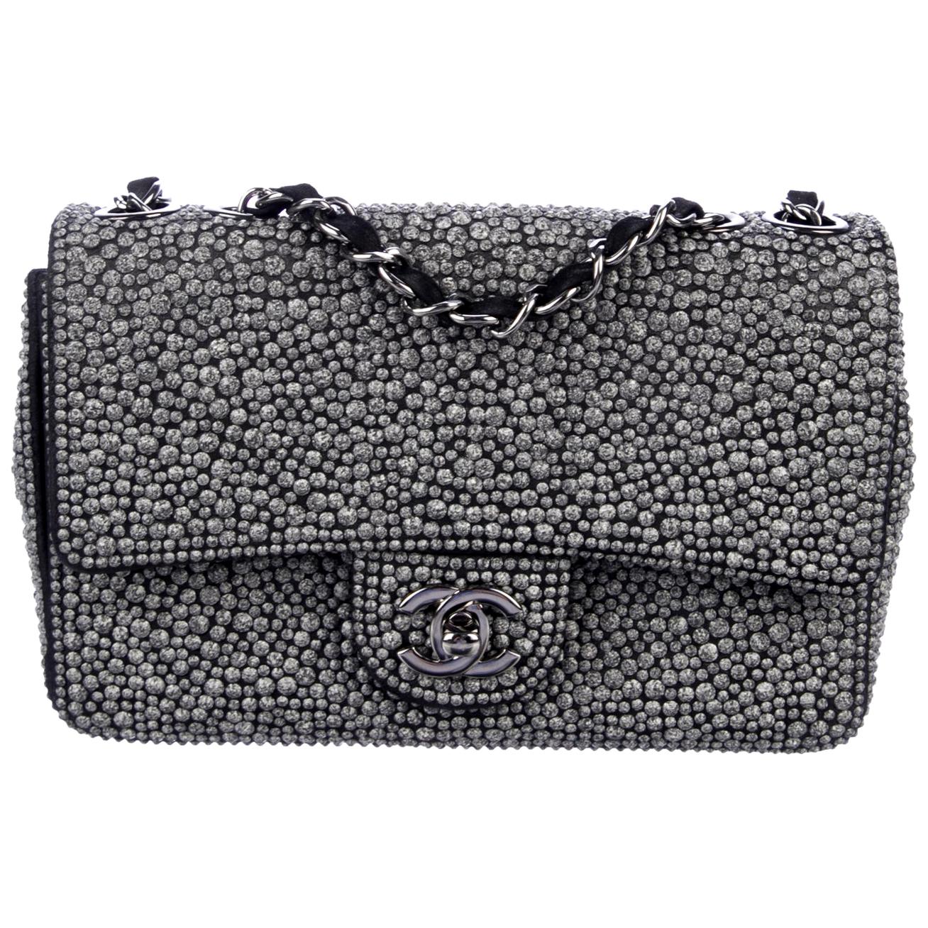 Chanel Gunmetal Gray Crystal Black Suede Silver Chain Evening Shoulder Flap Bag