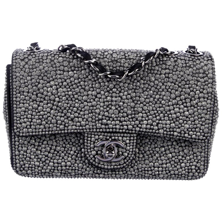 Chanel Gunmetal Gray Crystal Black Suede Silver Chain Evening Shoulder