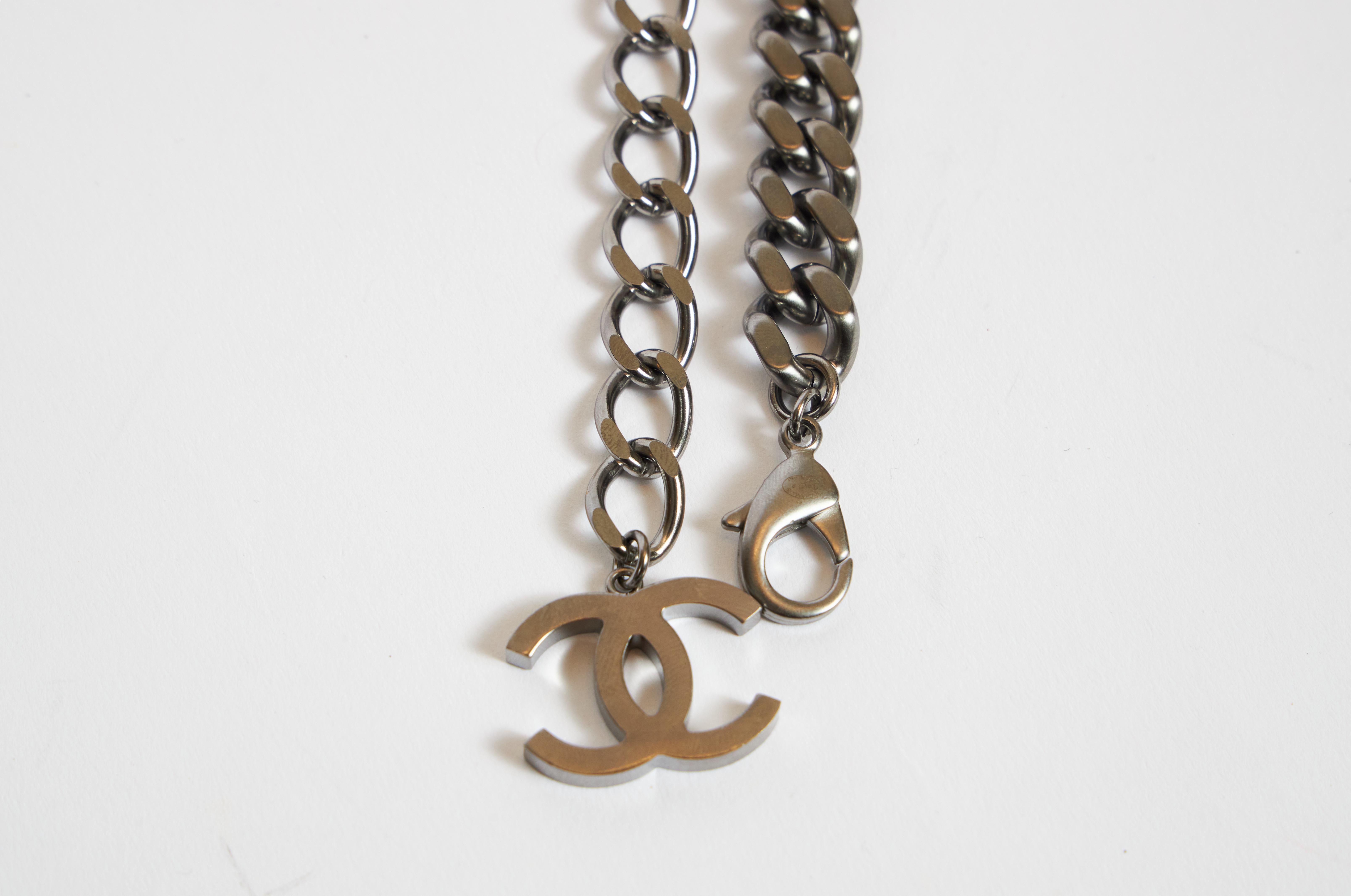 Chanel Gunmetal Heavy Logo Chain Link Necklace or Belt In Excellent Condition In West Hollywood, CA