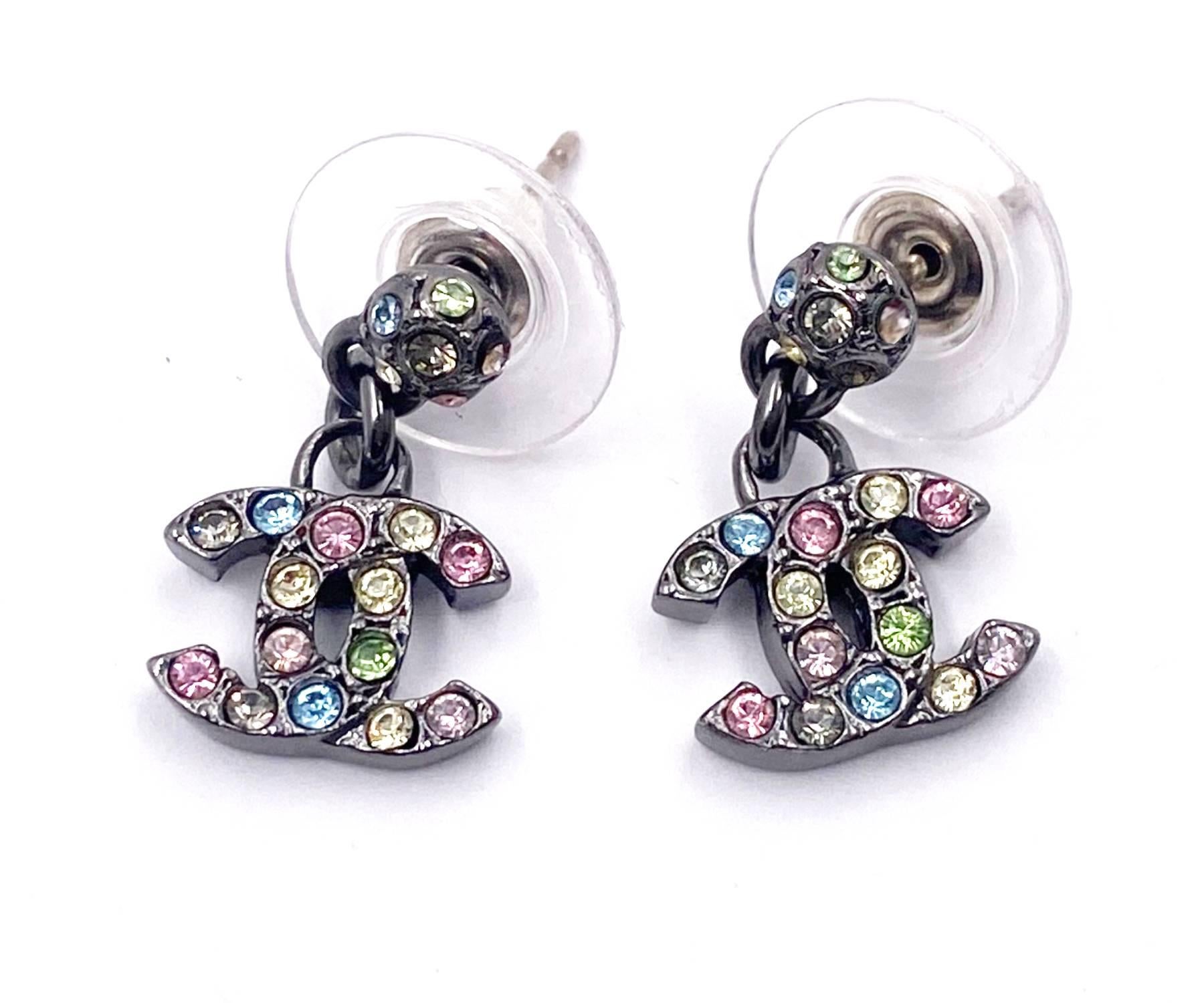 Chanel Gunmetal Pastel Rainbow Crystal CC Dangle Piercing Earrings Artesano
