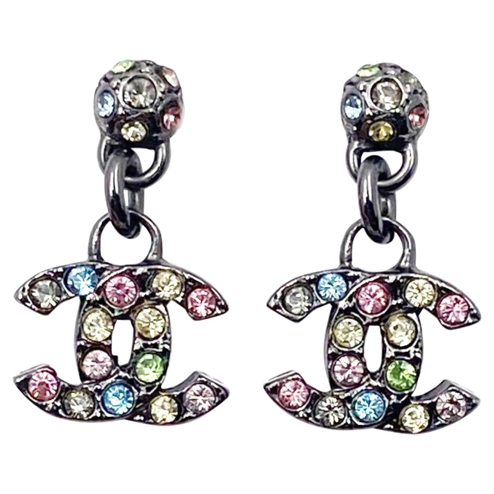 Chanel Gunmetal Pastel Rainbow Crystal CC Dangle Piercing Earrings