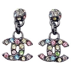 Chanel Gunmetal Pastel Rainbow Crystal CC Dangle Piercing Earrings