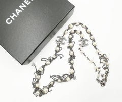 Chanel Gunmetal Pearl Dangling Chain Long Necklace