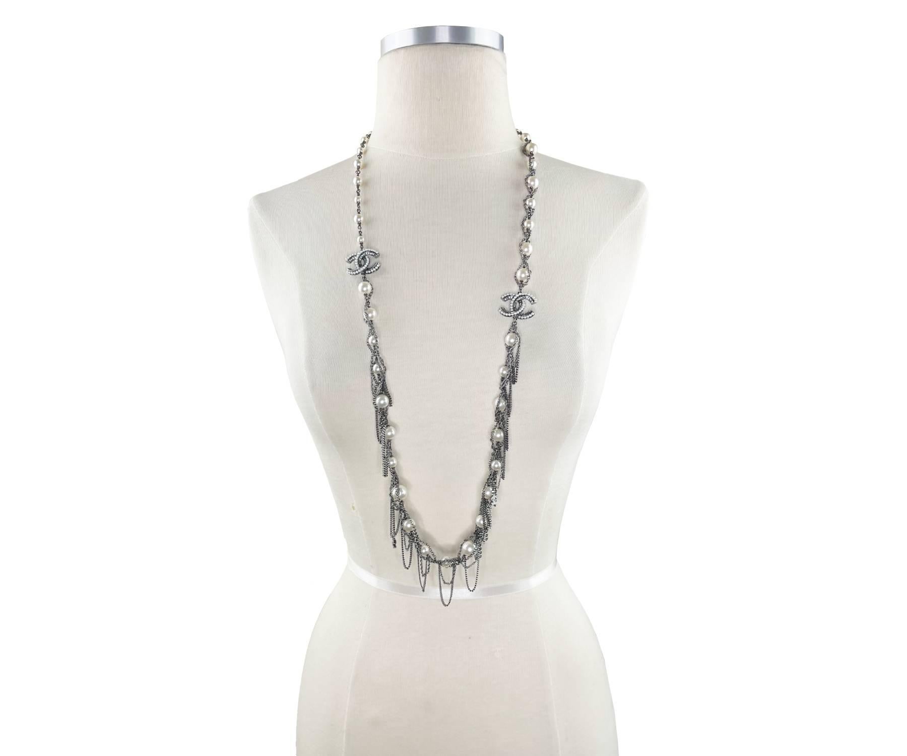 Artisan Chanel Gunmetal Pearl Dangling Chain Long Necklace   For Sale