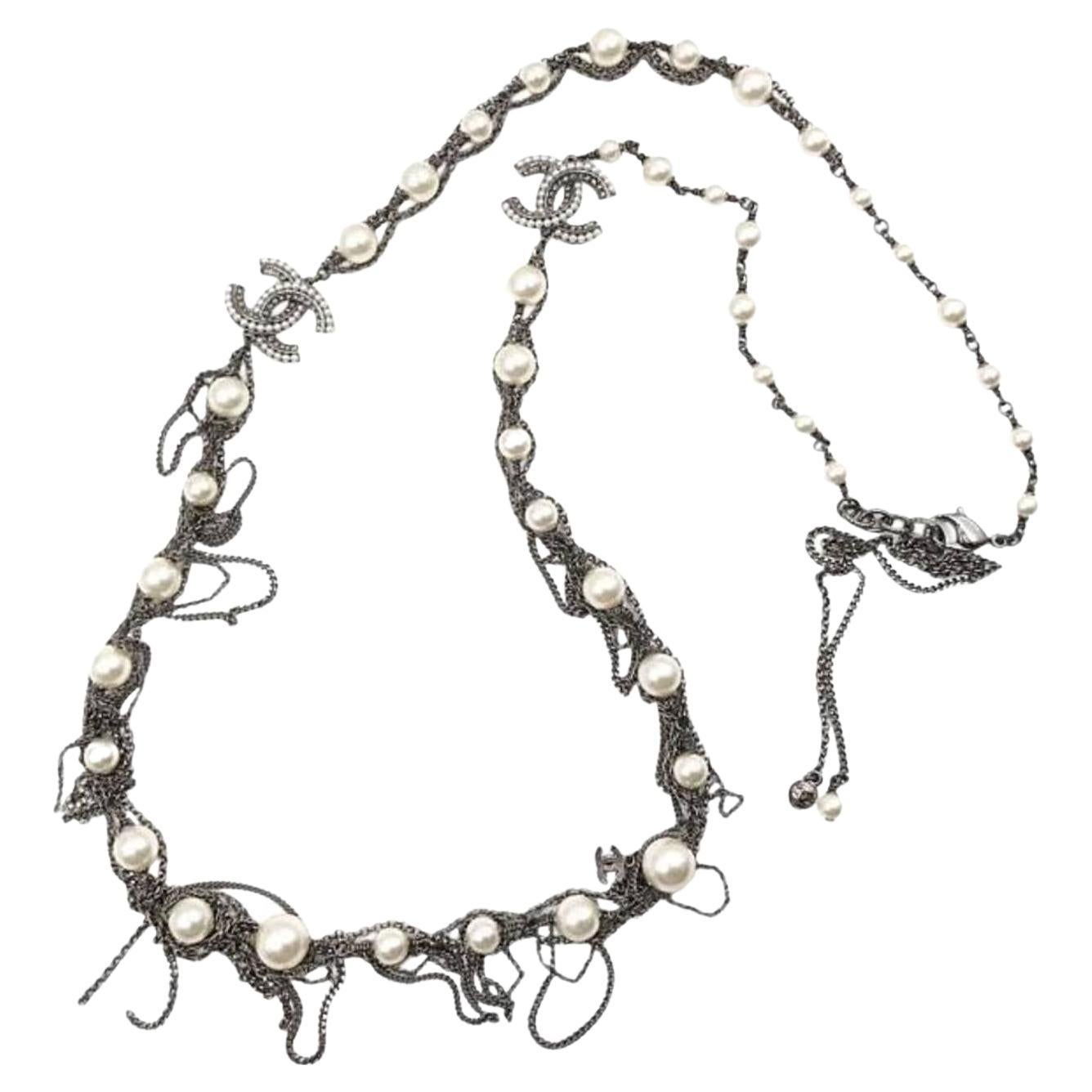 Chanel Gunmetal Pearl Dangling Chain Long Necklace  