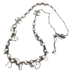 Chanel Gunmetal Perle baumelnden Kette lange Halskette  