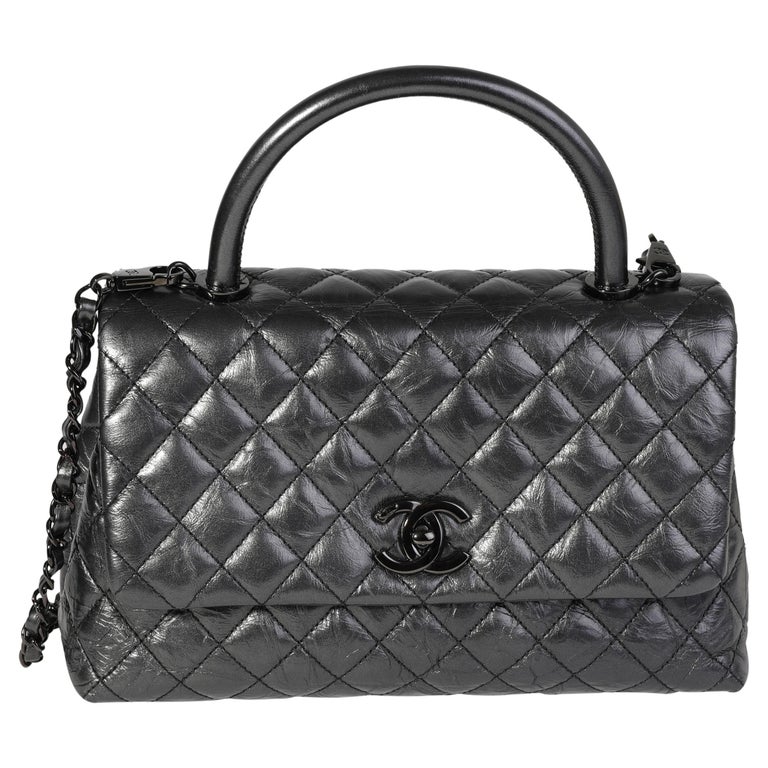 Chanel Gunmetal Quilted Aged Calfskin Medium Coco Top Handle Bag For Sale  at 1stDibs