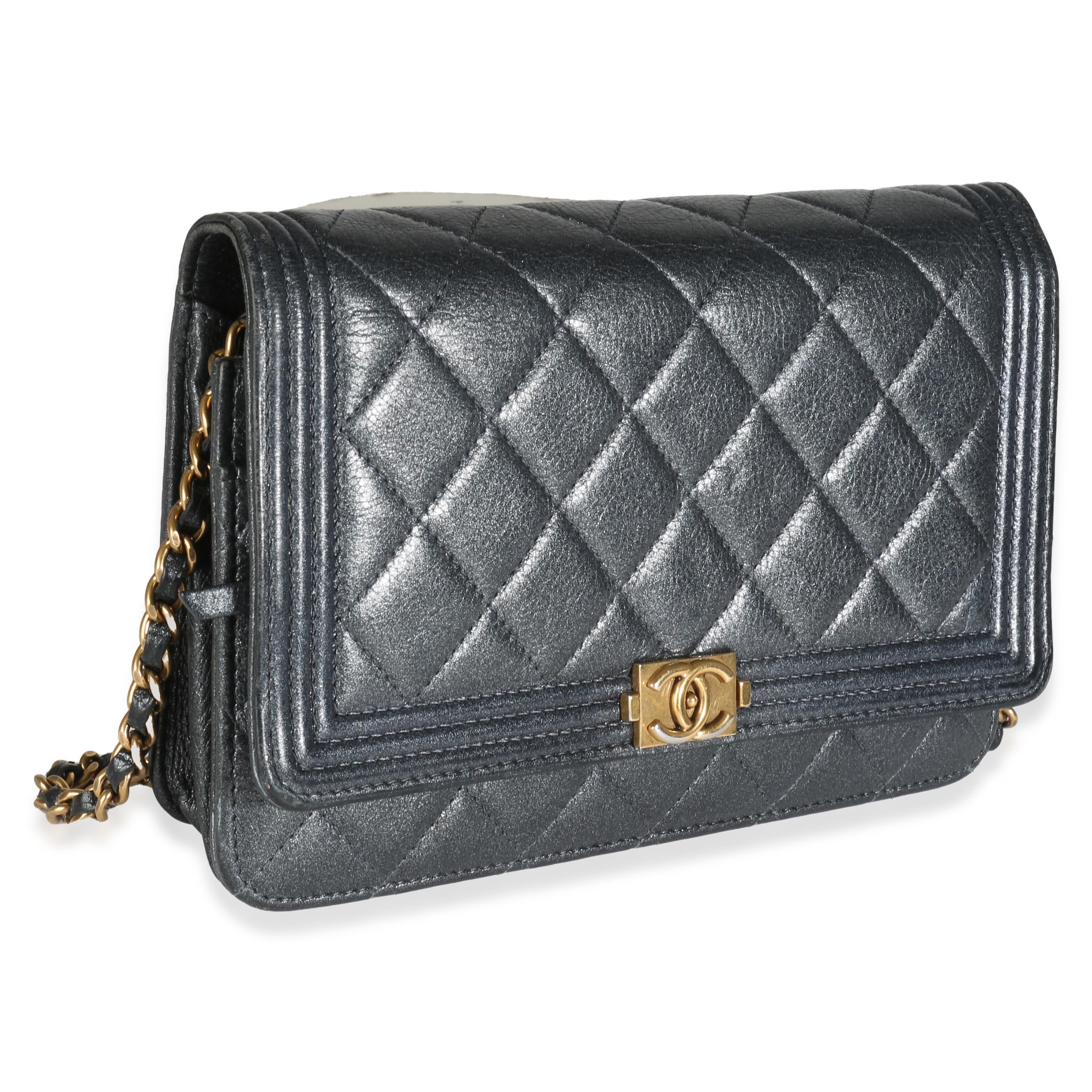 Gray Chanel Gunmetal Quilted Lambskin Boy Wallet On Chain For Sale
