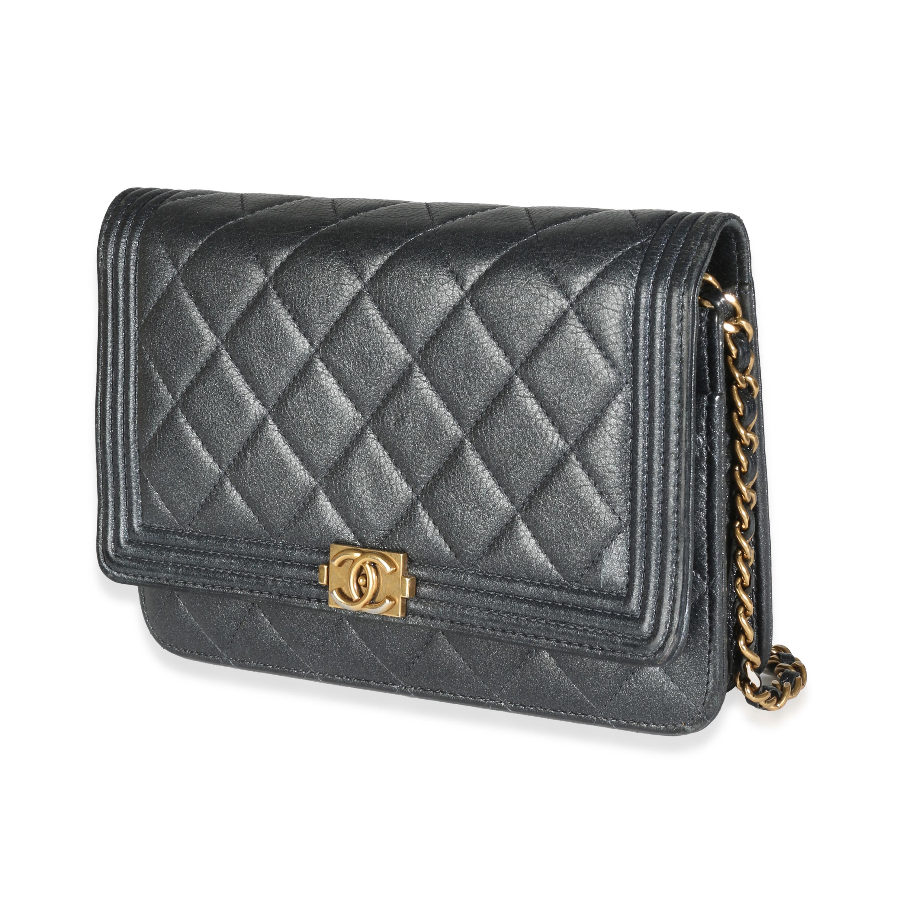 Chanel Gunmetal Quilted Lambskin Boy Wallet On Chain In Good Condition For Sale In New York, NY