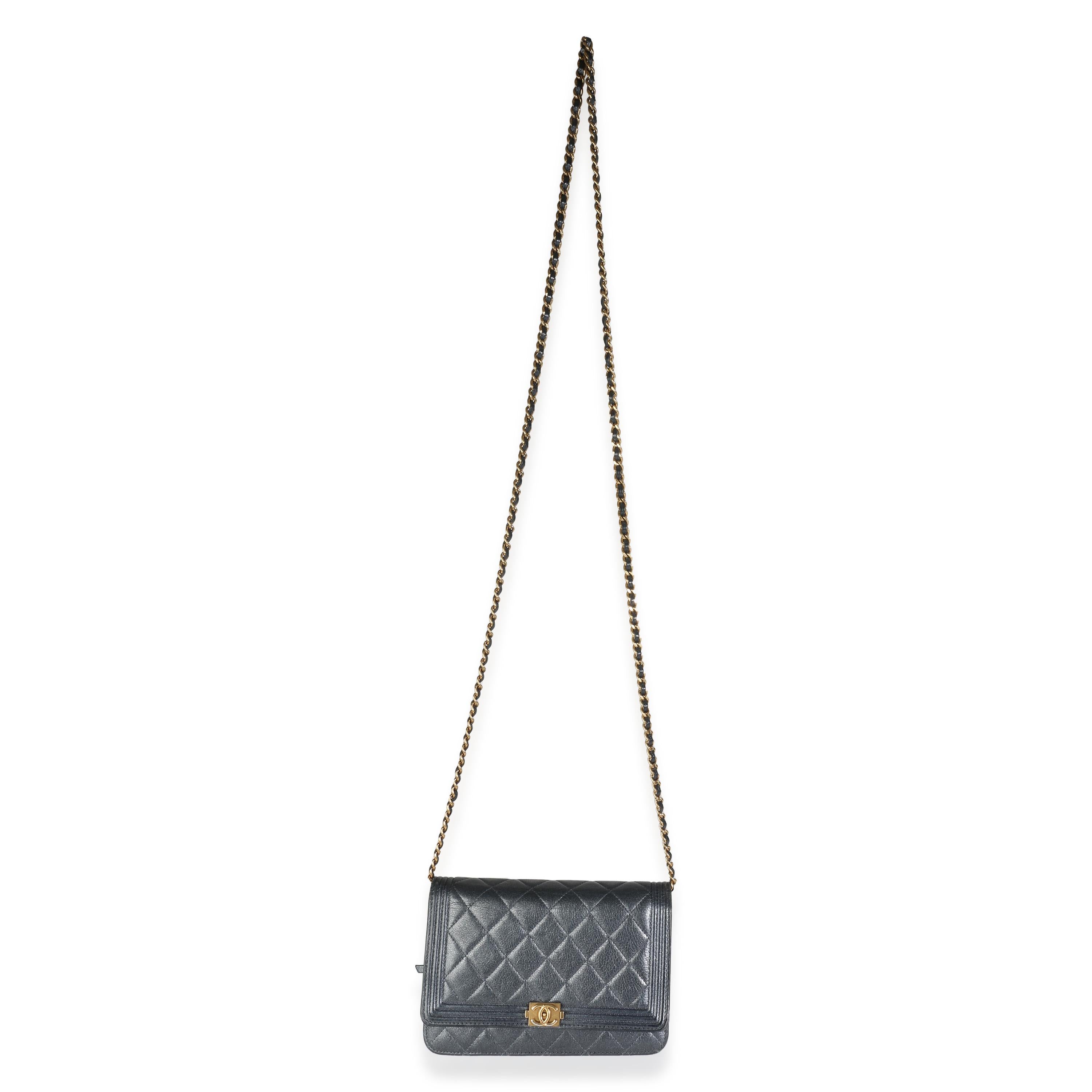 Chanel Gunmetal Quilted Lambskin Boy Wallet On Chain For Sale 1