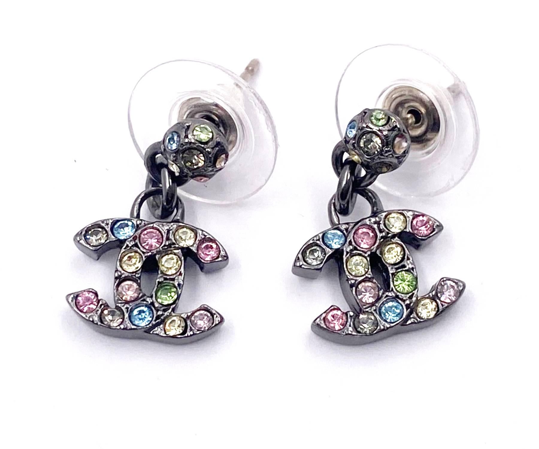 Artisan Chanel Gunmetal Rainbow Crystal CC Dangle Piercing Earrings