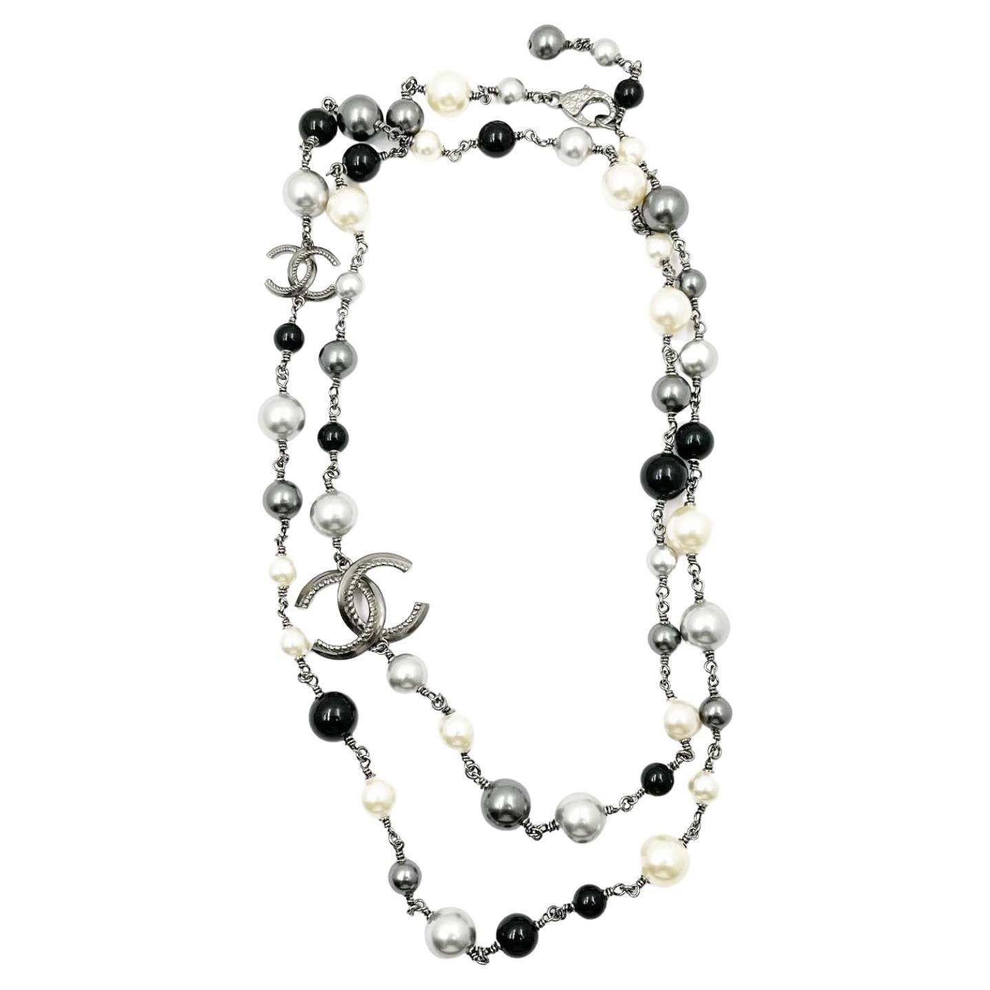 Chanel Pearl Gunmetal Rope CC Black Bead Necklace