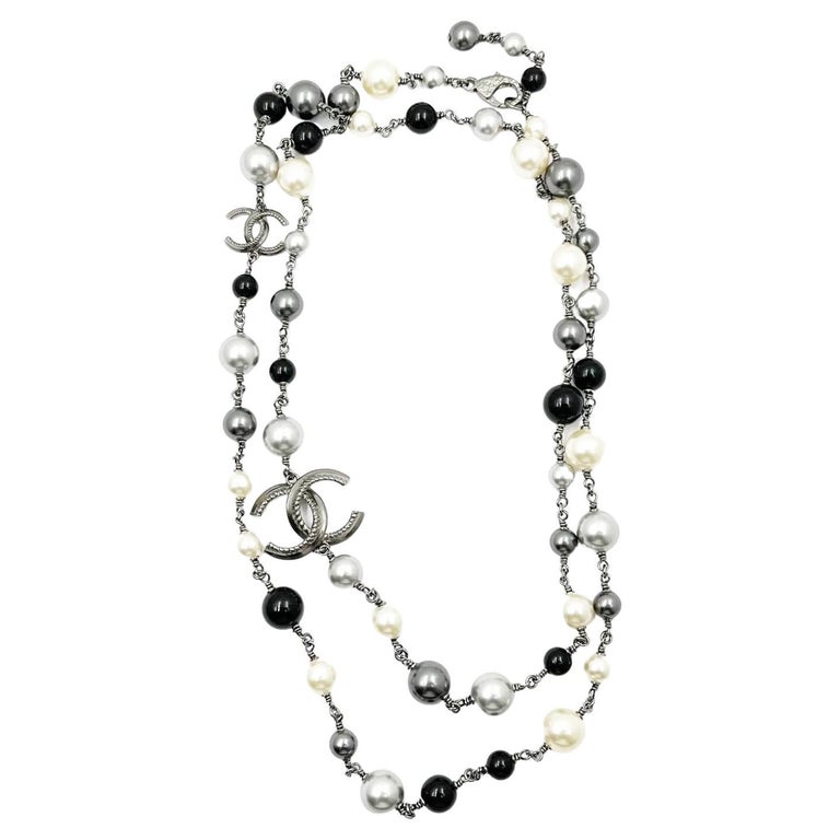 Chanel Gunmetal Rope CC Black Bead Pearl Necklace