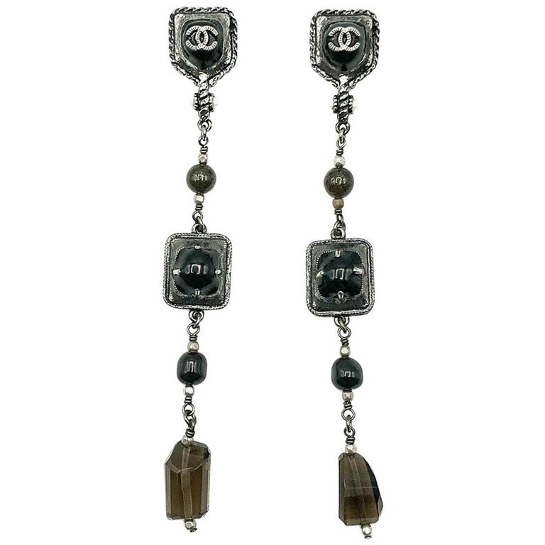 Chanel Gunmetal and Stone Logo Long Drop Earrings 2011