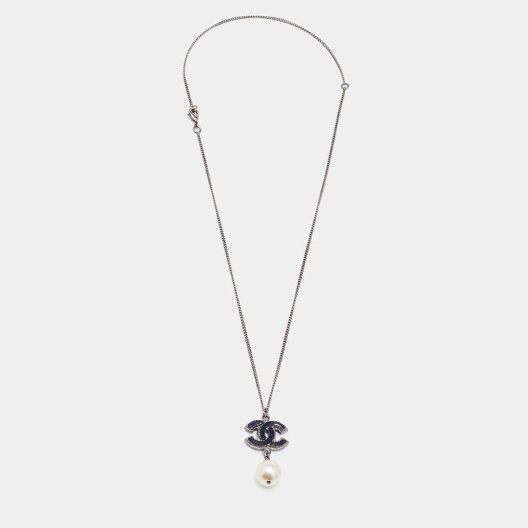 Chanel Gunmetal Tone Black CC Charm Faux Pearl Drop Necklace at