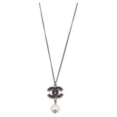 Chanel Gunmetal Tone Burgundy CC Charm Faux Pearl Drop Necklace