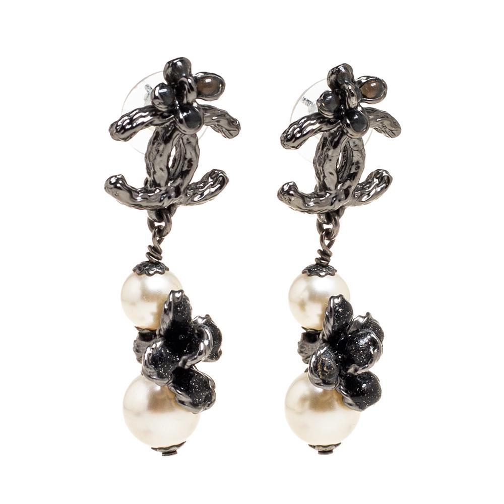 Contemporary Chanel Gunmetal Tone Floral Gripoix & Pearl Drop Earrings