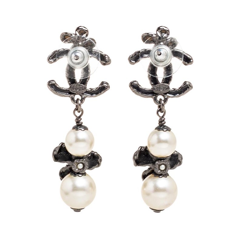 Chanel Gunmetal Tone Floral Gripoix and Pearl Drop Earrings at 1stDibs