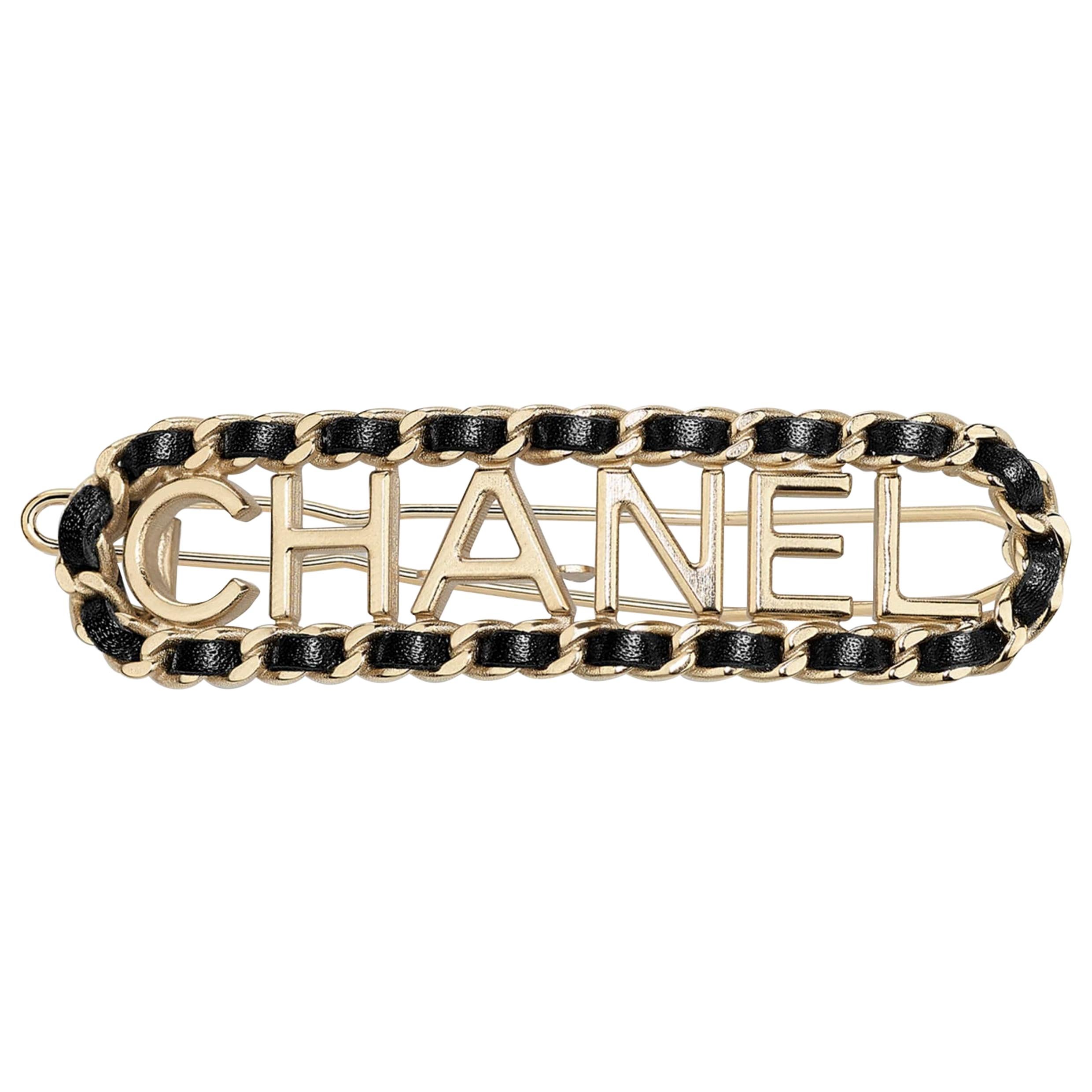      CHANEL Hair Clip Metal & Lambskin Gold & Black  NEW WITH TAGS 