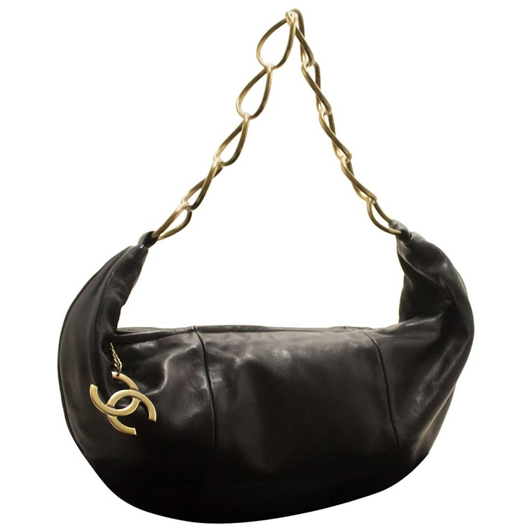 Chanel Half Moon Lambskin Chain Black Leather Zipper Shoulder Bag For