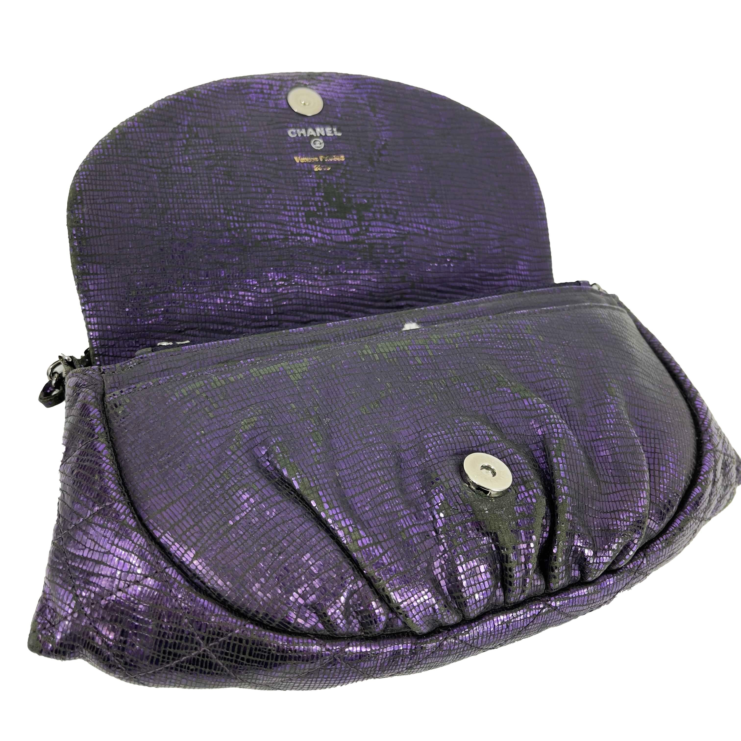 Black CHANEL- Half Moon Wallet on Chain Iridescent Purple Leather / Silver Crossbody