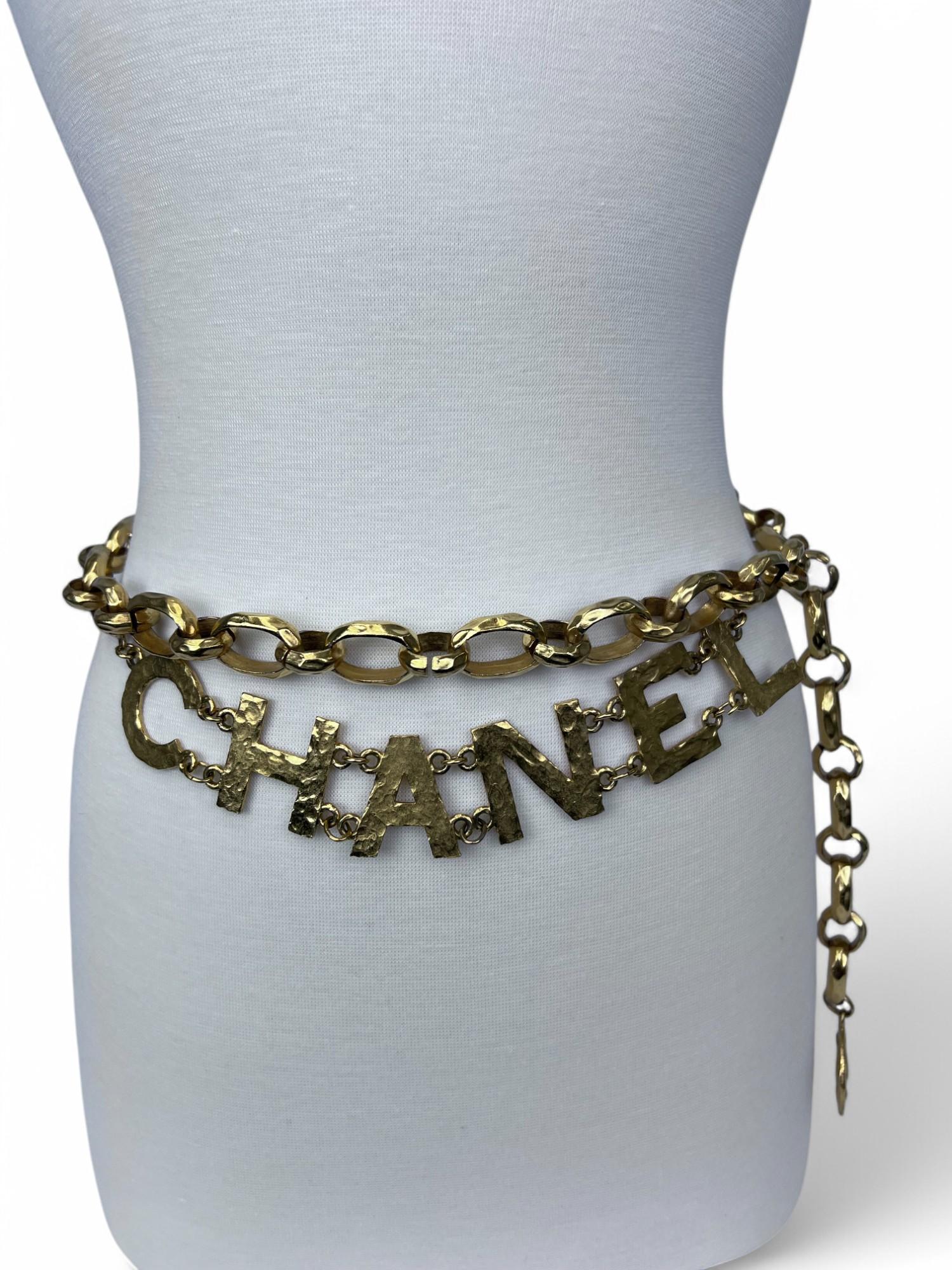 Gray Chanel 1993 Hammered Logo Chain Belt/Necklace For Sale