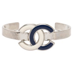 Chanel Hammered Silver Tone Enamel CC Cuff Bracelet