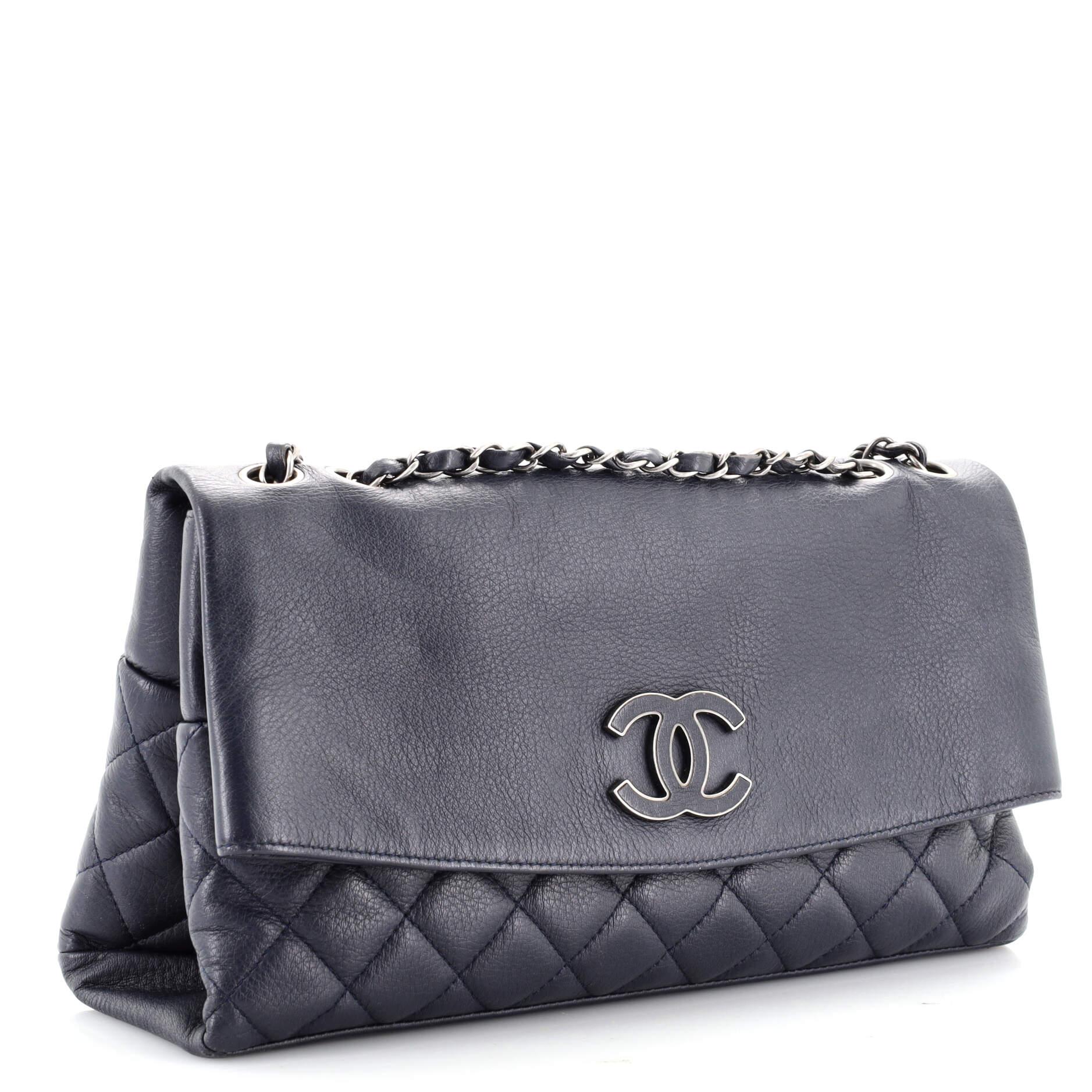 Black Chanel Hamptons Foldover Flap Bag Quilted Calfskin Medium