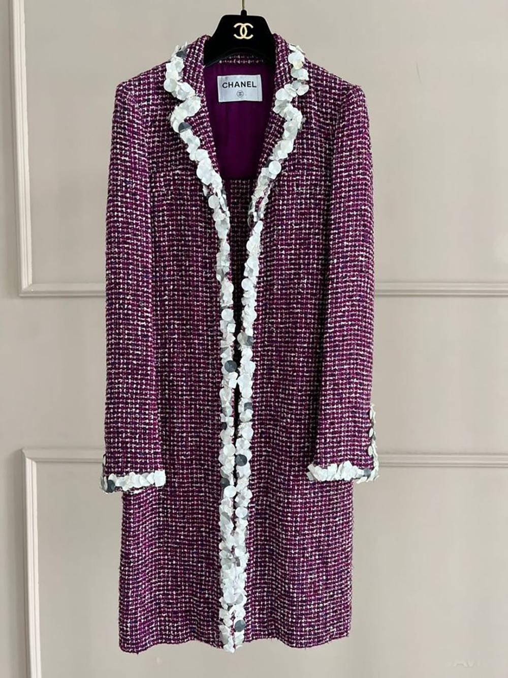 Chanel Hand Embellished Tweed Coat and Dress Set In Excellent Condition In Dubai, AE