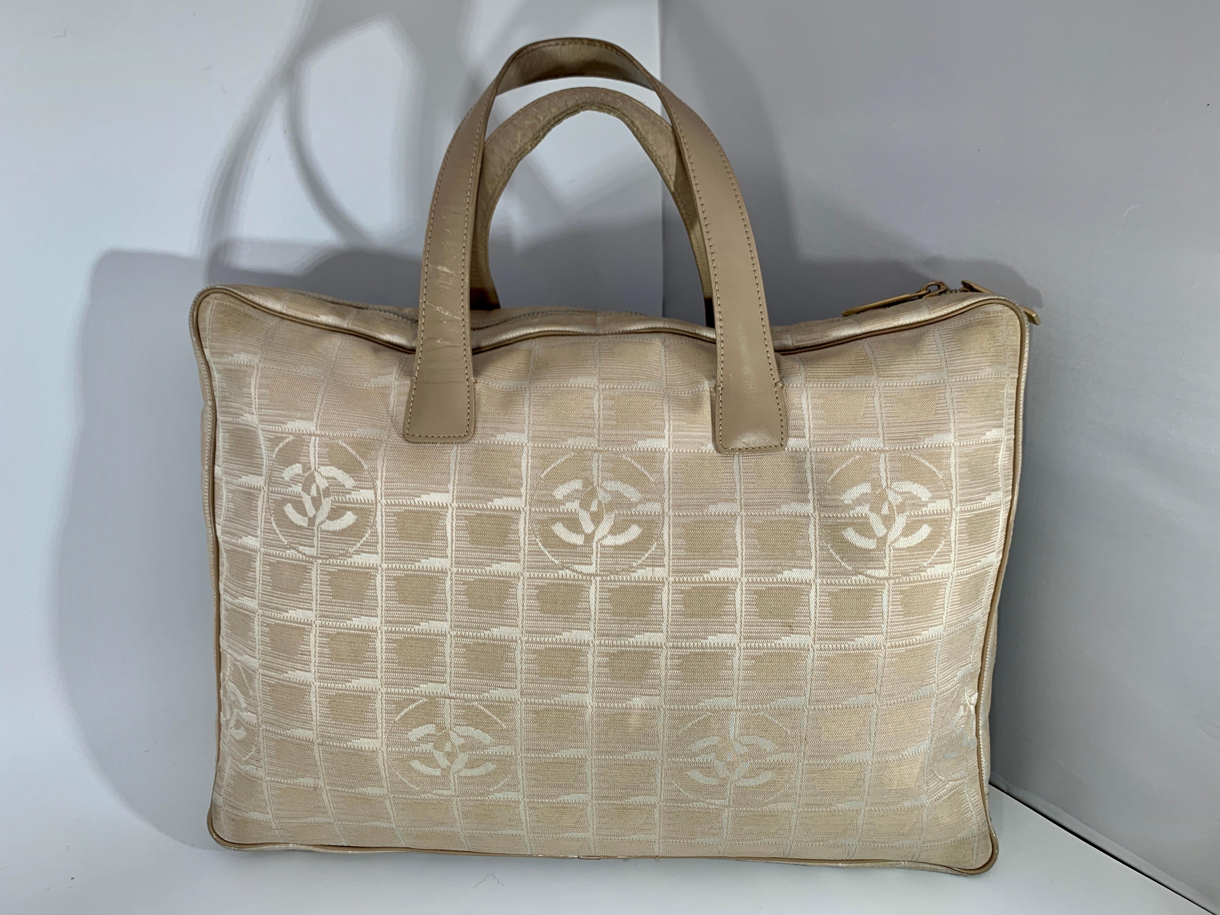 Women's  Chanel Handbag Bag New travel line Beige Nylon Jacquard Authentic Pre-Loved