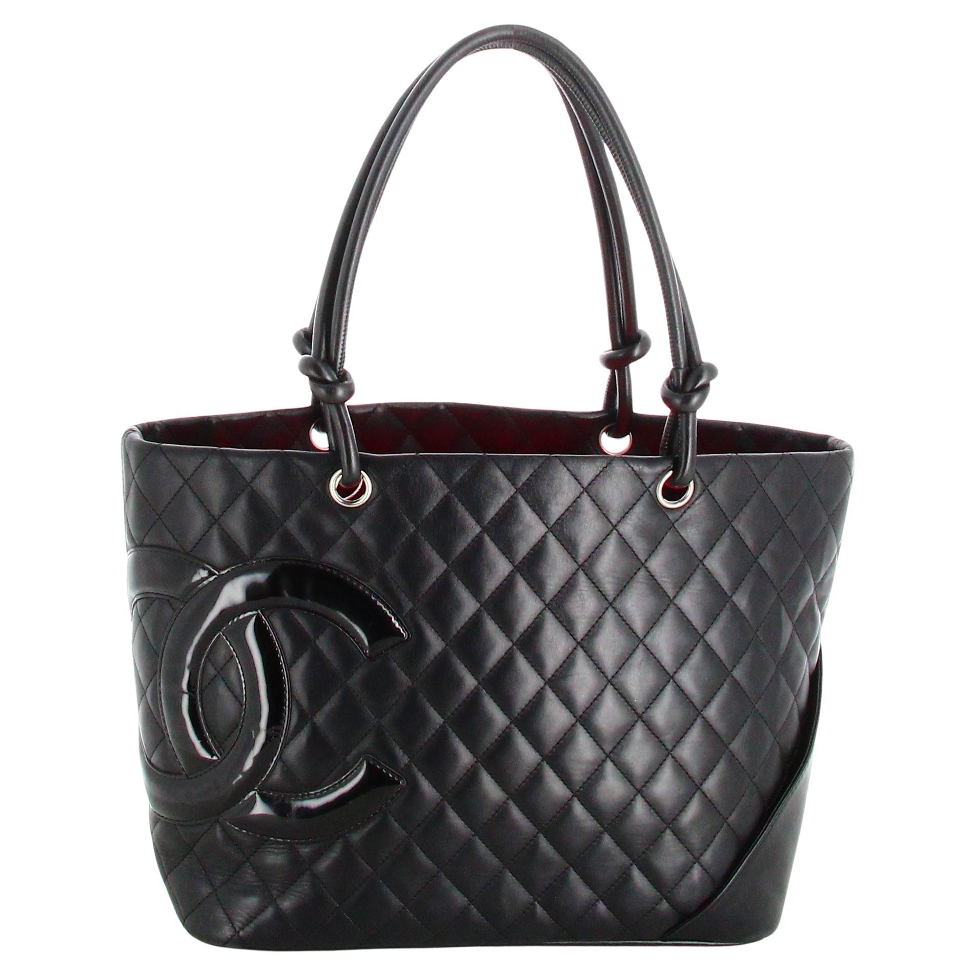 Chanel Handbag Black Leather Large Quilted Cambon Tote Line For Sale
