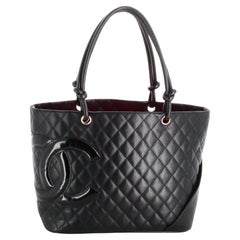 Retro Chanel Handbag Black Leather Large Quilted Cambon Tote Line