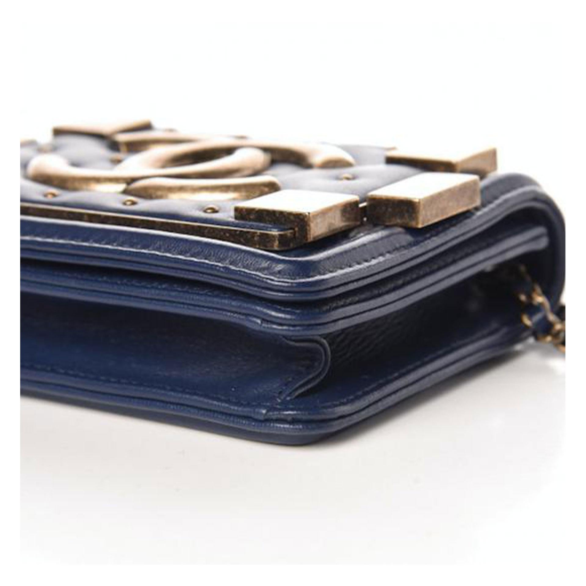 Chanel Handbag Classic Flap Boy Brick Mini Studded Classic Logo CC Navy Blue Bag In Good Condition For Sale In Miami, FL