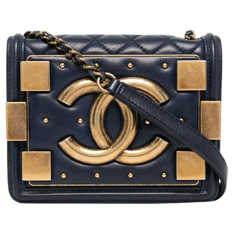 Chanel Handbag Classic Flap Boy Brick Mini Studded Classic Logo CC Navy Blue Bag For Sale